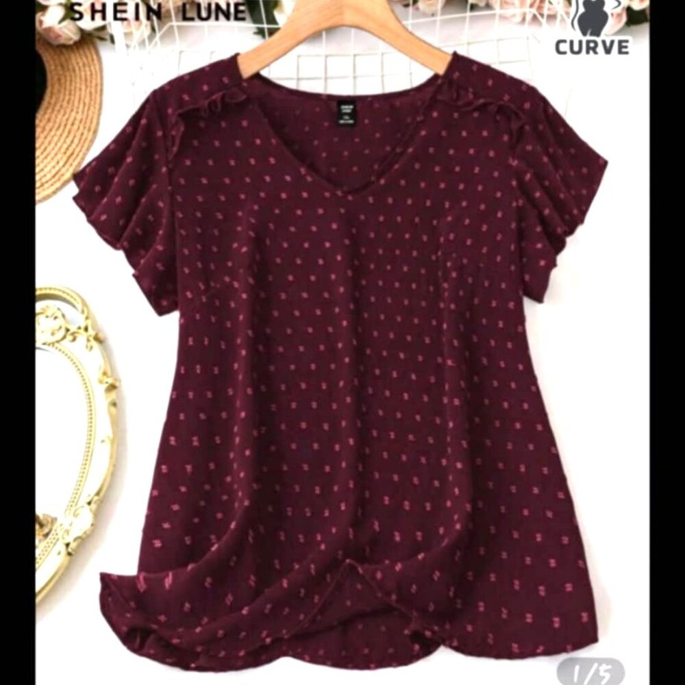 NWT Shein Lune Burgundy V-Neck‎ Jacquard Ruffle SS Loose Fit Casual Blouse 3X